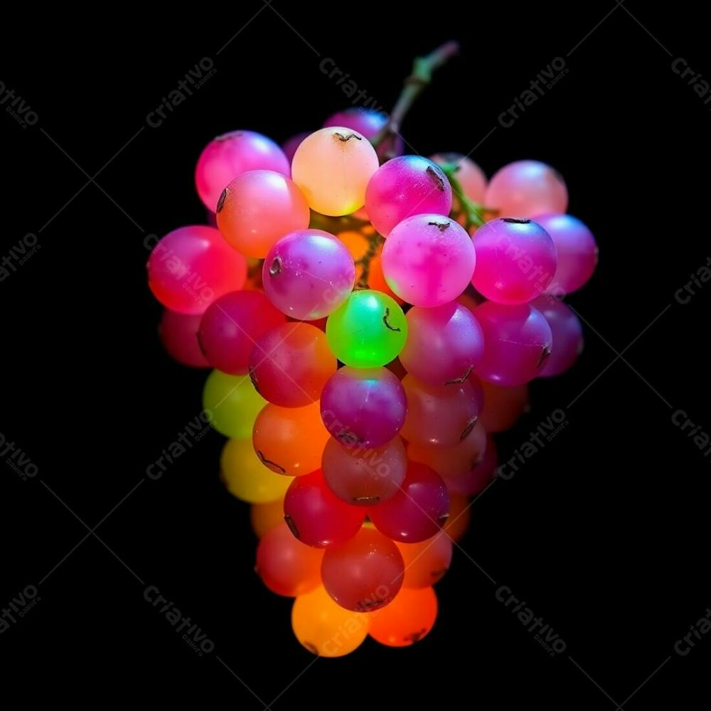 Realistic Image Of A Delicious Grape Cluster On A Black Background Distinct Split Glowing Bioluminescent Colors Natural Light Effects Vibrant Glow Divided Sections Bold Areas