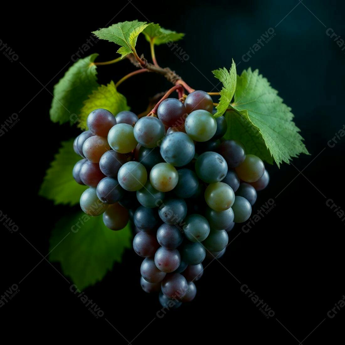 Uvas roxas em cacho com folhas verdes