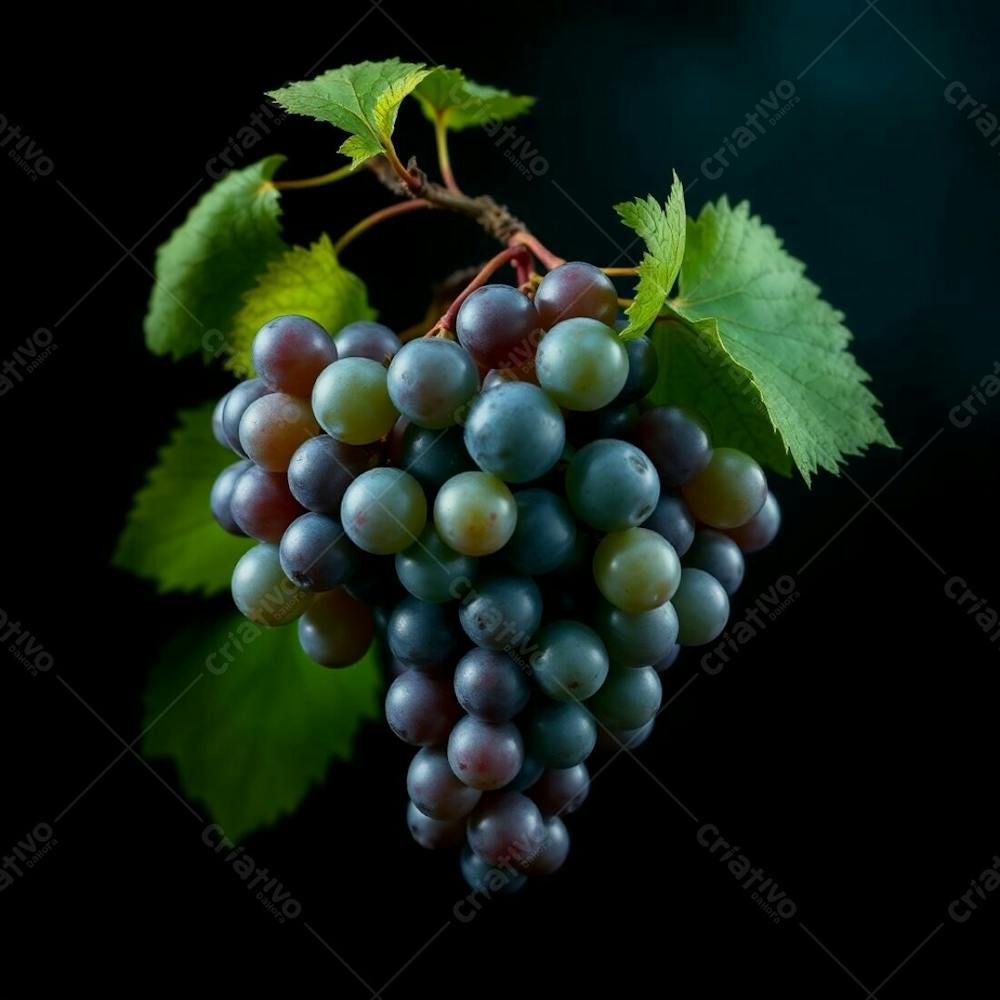 Realistic Image Of A Delicious Grape Cluster On A Black Background Rich Deep Teal Mystic Enchanting Environment Gentle Color Contrasts Dreamlike Atmosphere Otherworldly Ethereal Quality Luxurious Vibr