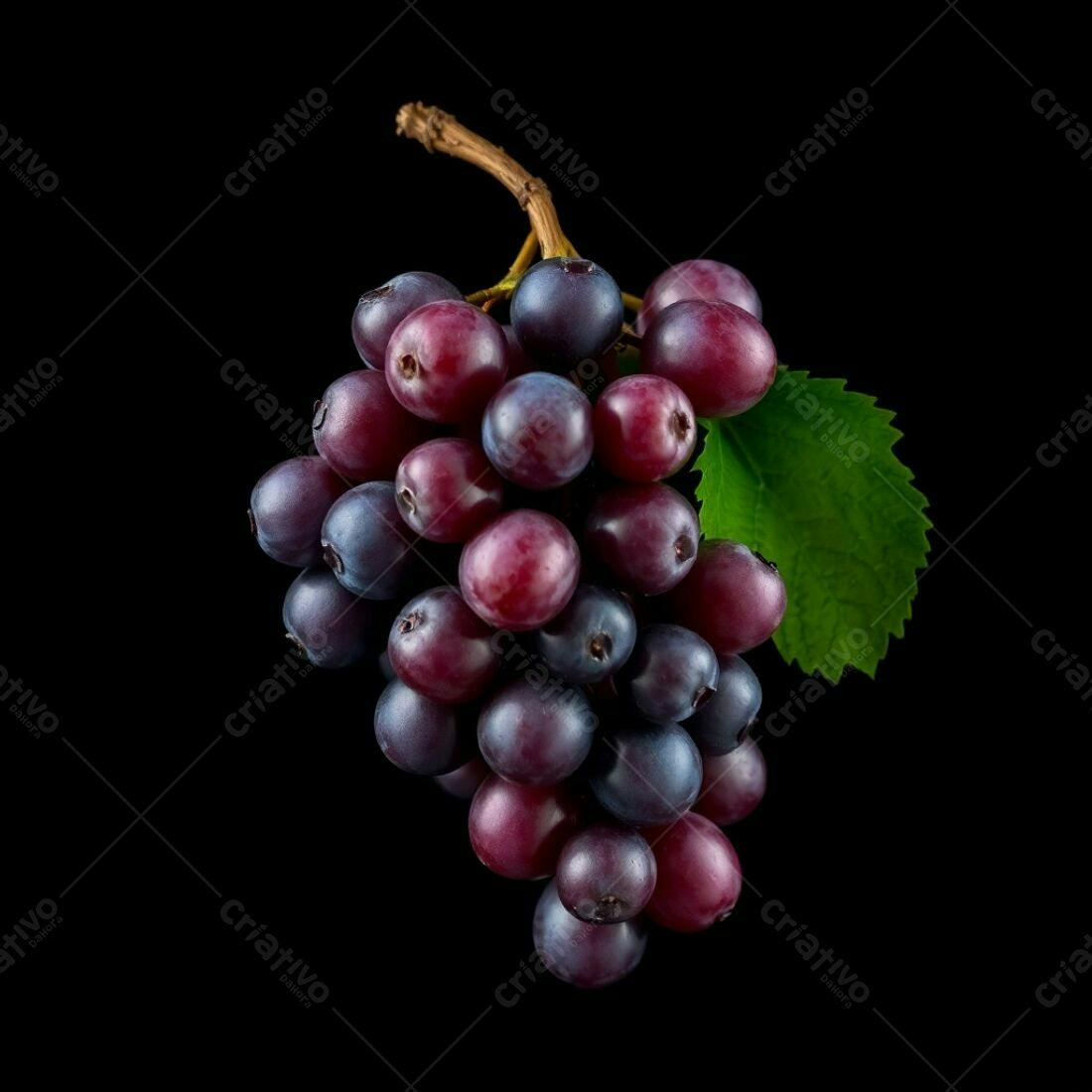 Uvas roxas e vinho em cacho com folha