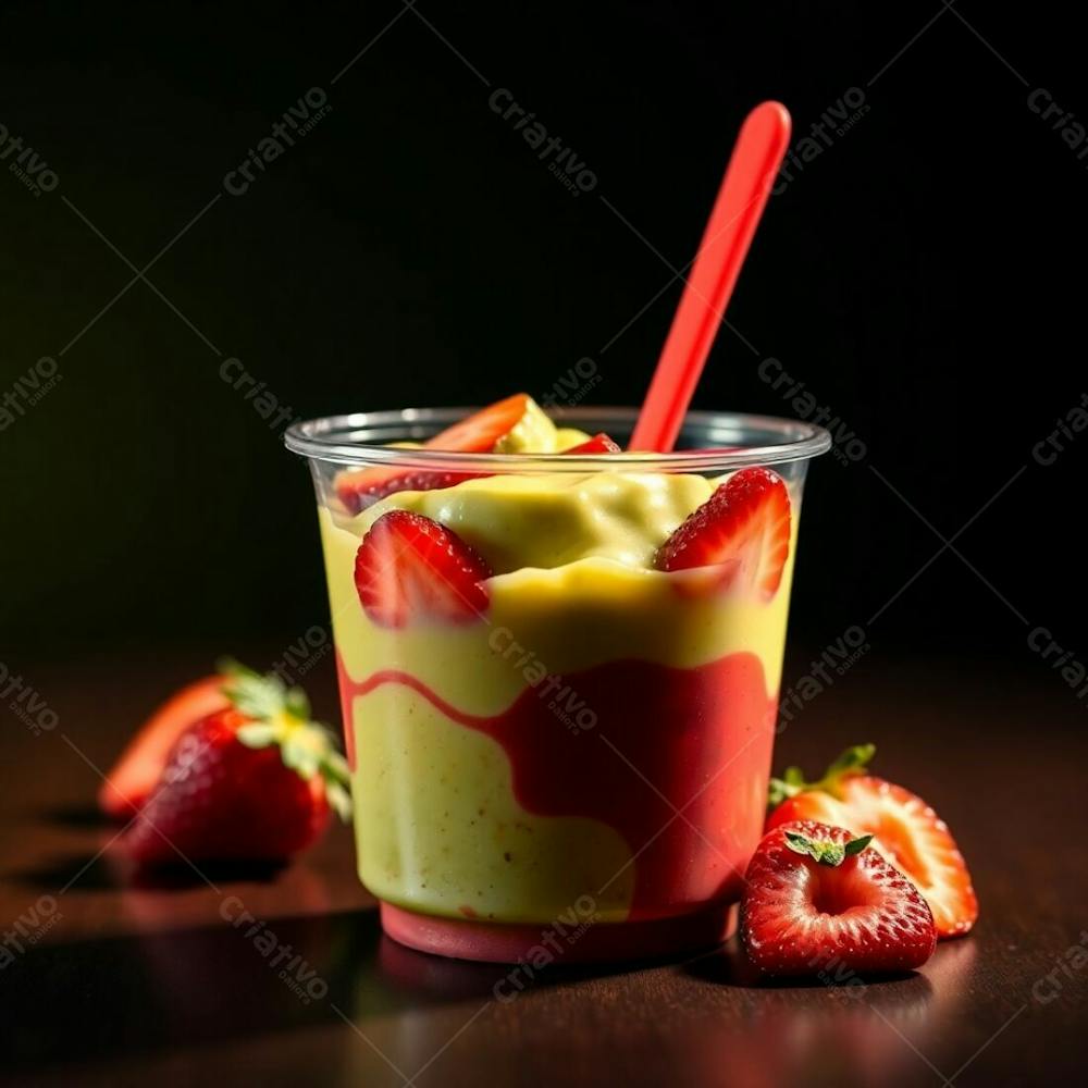 A Photorealistic Rendering Of A Plastic Cup Of Açai, Showcasing Condensed Milk, Strawberries, And Other Common Ingredients. Warm, Dramatic Lighting With High Contrast, Emphasizing The Vibrant Gr