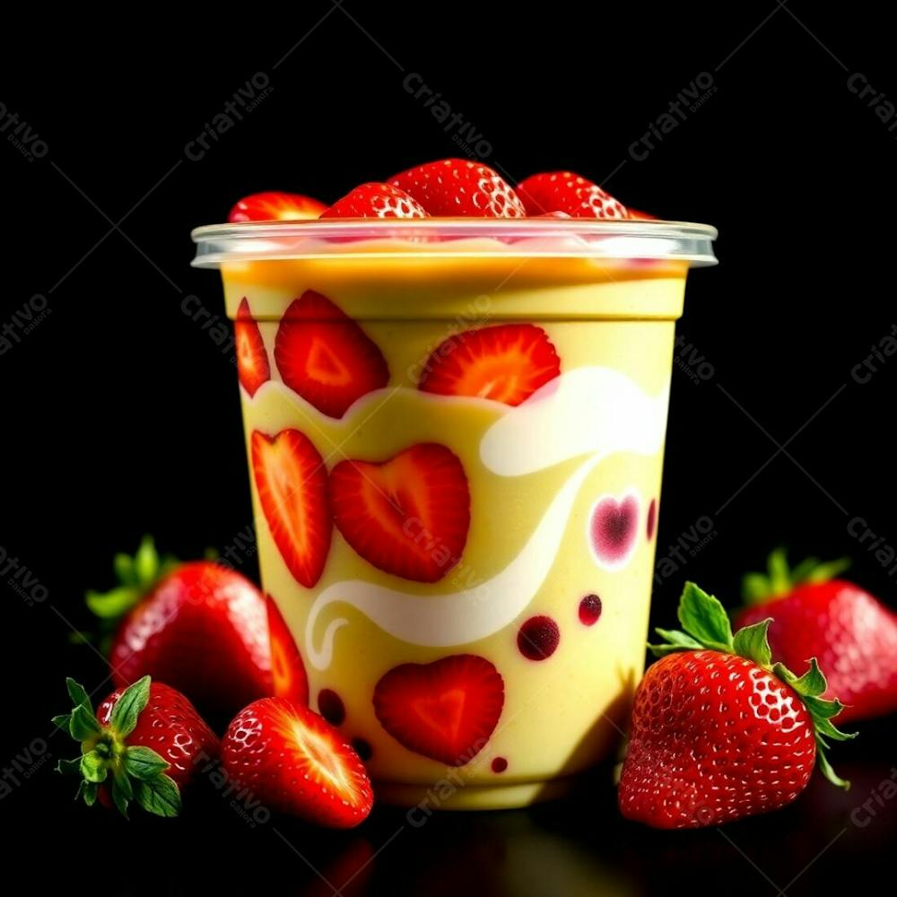 A Photorealistic Rendering Of A Plastic Cup Of Açai, Showcasing Condensed Milk, Strawberries, And Other Common Ingredients. Warm, Dramatic Lighting With High Contrast, Emphasizing The Vibrant Gr