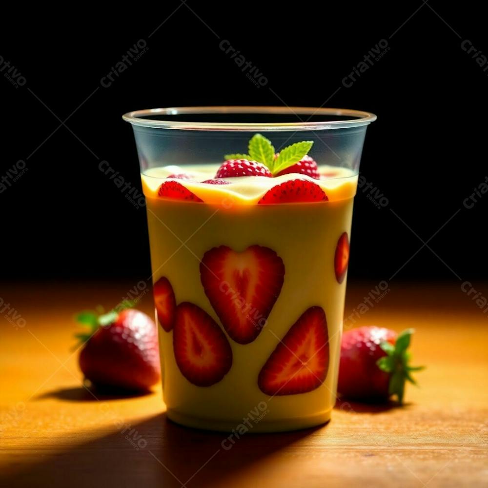 A Photorealistic Rendering Of A Plastic Cup Of Açai, Showcasing Condensed Milk, Strawberries, And Other Common Ingredients. Warm, Dramatic Lighting With High Contrast, Emphasizing The Vibrant Gr