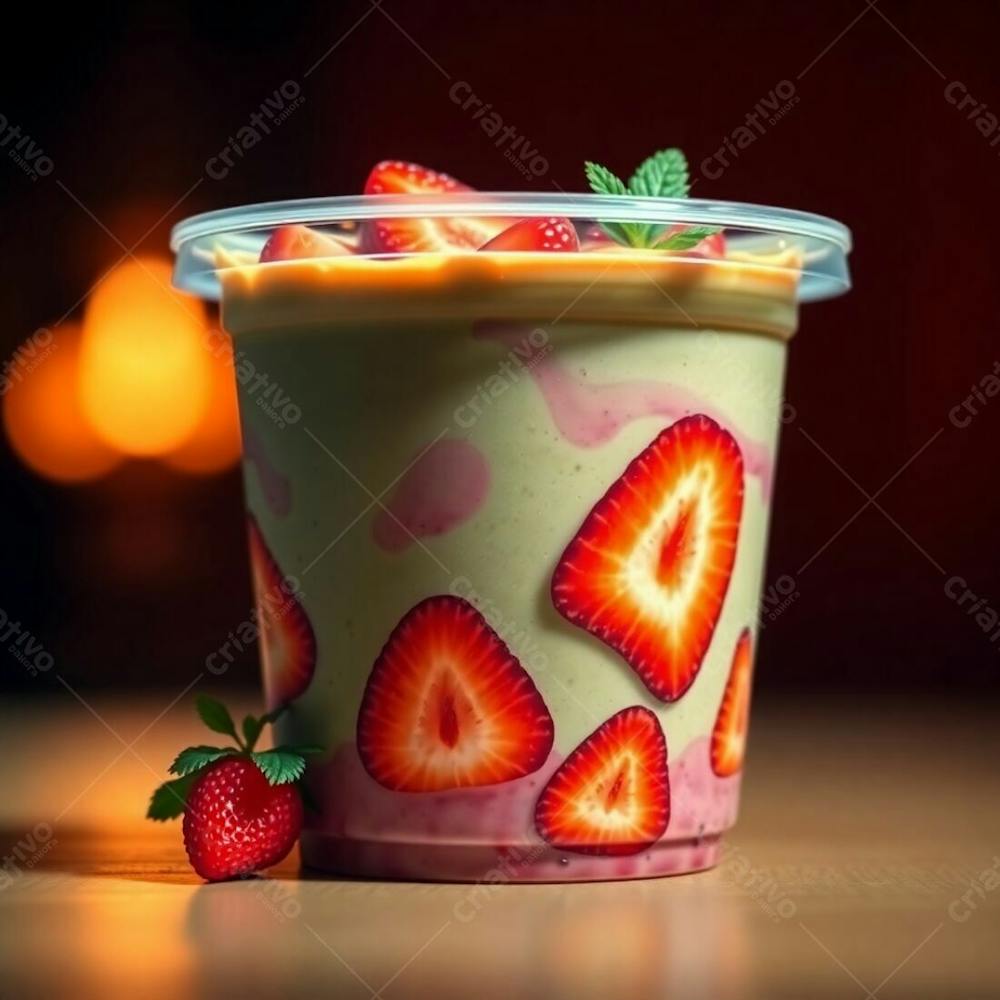 A Photorealistic Rendering Of A Plastic Cup Of Açai, Showcasing Condensed Milk, Strawberries, And Other Common Ingredients. Warm, Dramatic Lighting With High Contrast, Emphasizing The Vibrant Gr