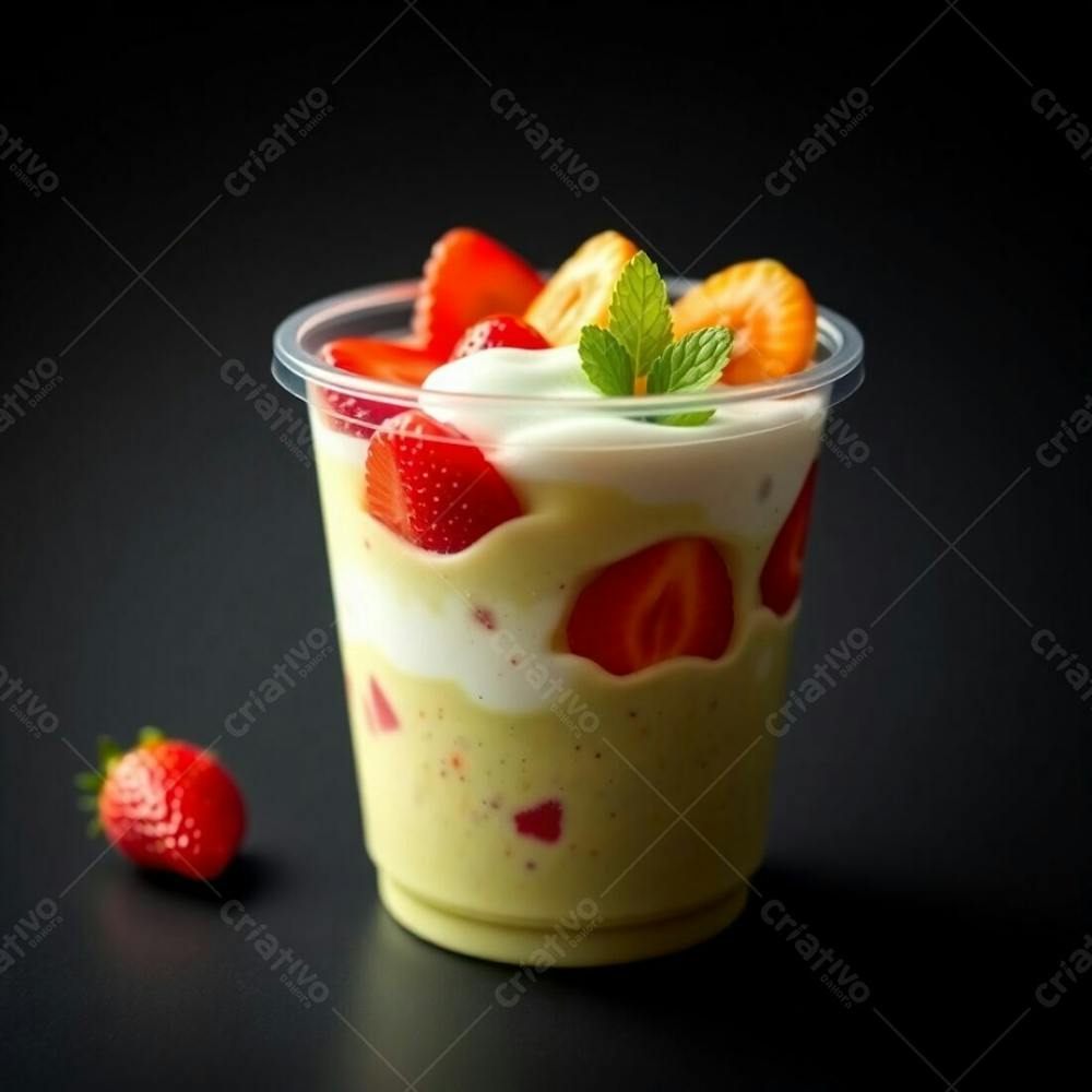 A Photorealistic Rendering Of A Plastic Cup Of Açai, Showcasing Condensed Milk, Strawberries, And Other Common Ingredients. Warm, Dramatic Lighting With High Contrast, Emphasizing The Vibrant Gr