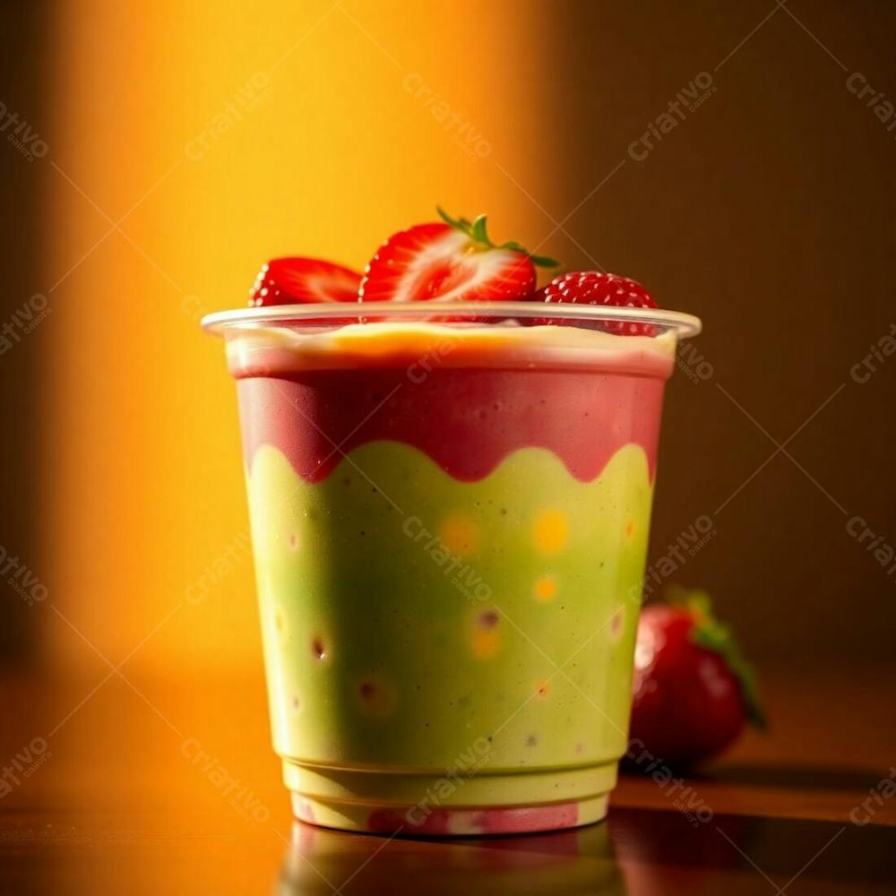 A Photorealistic Rendering Of A Plastic Cup Of Açai, Showcasing Condensed Milk, Strawberries, And Other Common Ingredients. Warm, Dramatic Lighting With High Contrast, Emphasizing The Vibrant Gr