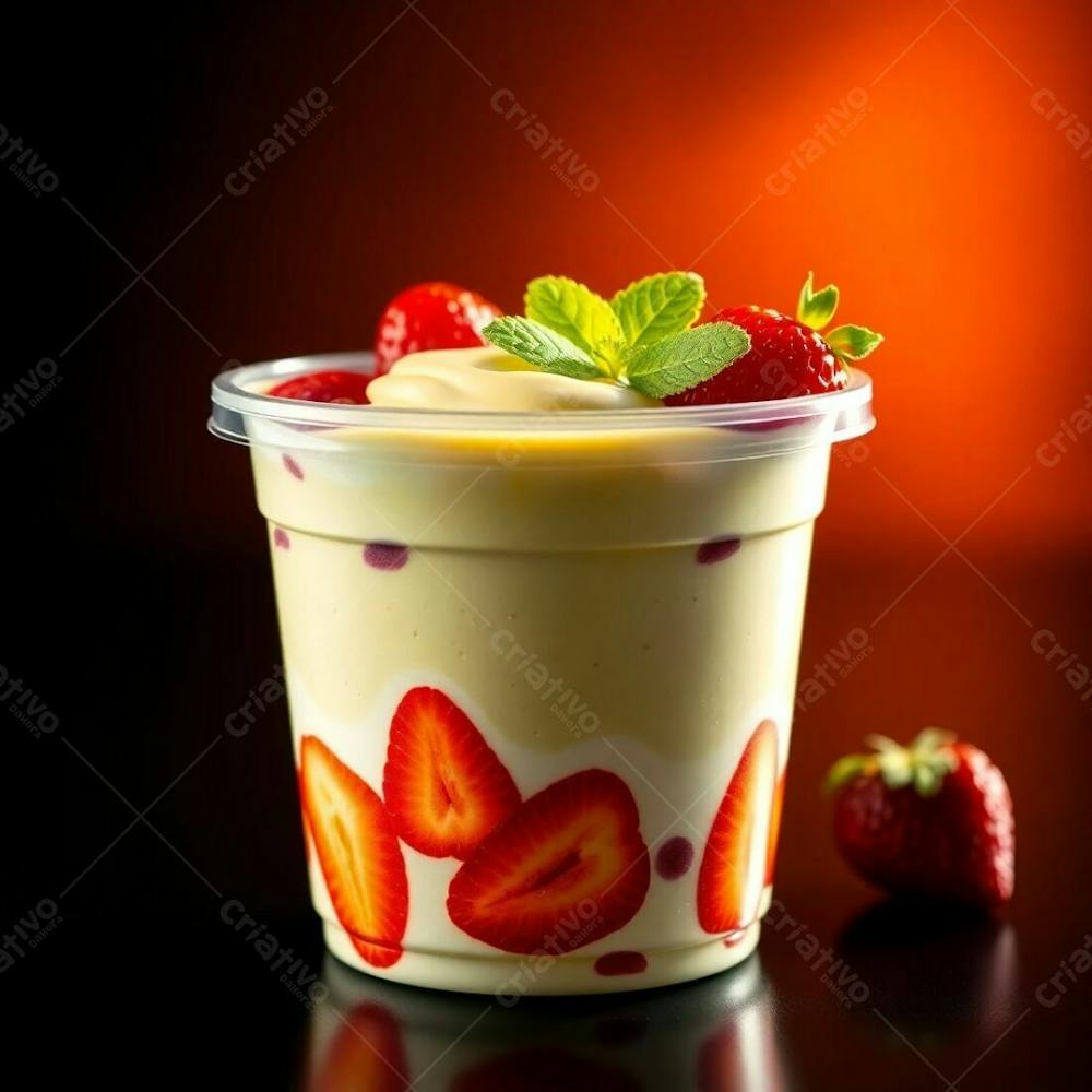 A Photorealistic Rendering Of A Plastic Cup Of Açai, Showcasing Condensed Milk, Strawberries, And Other Common Ingredients. Warm, Dramatic Lighting With High Contrast, Emphasizing The Vibrant Gr