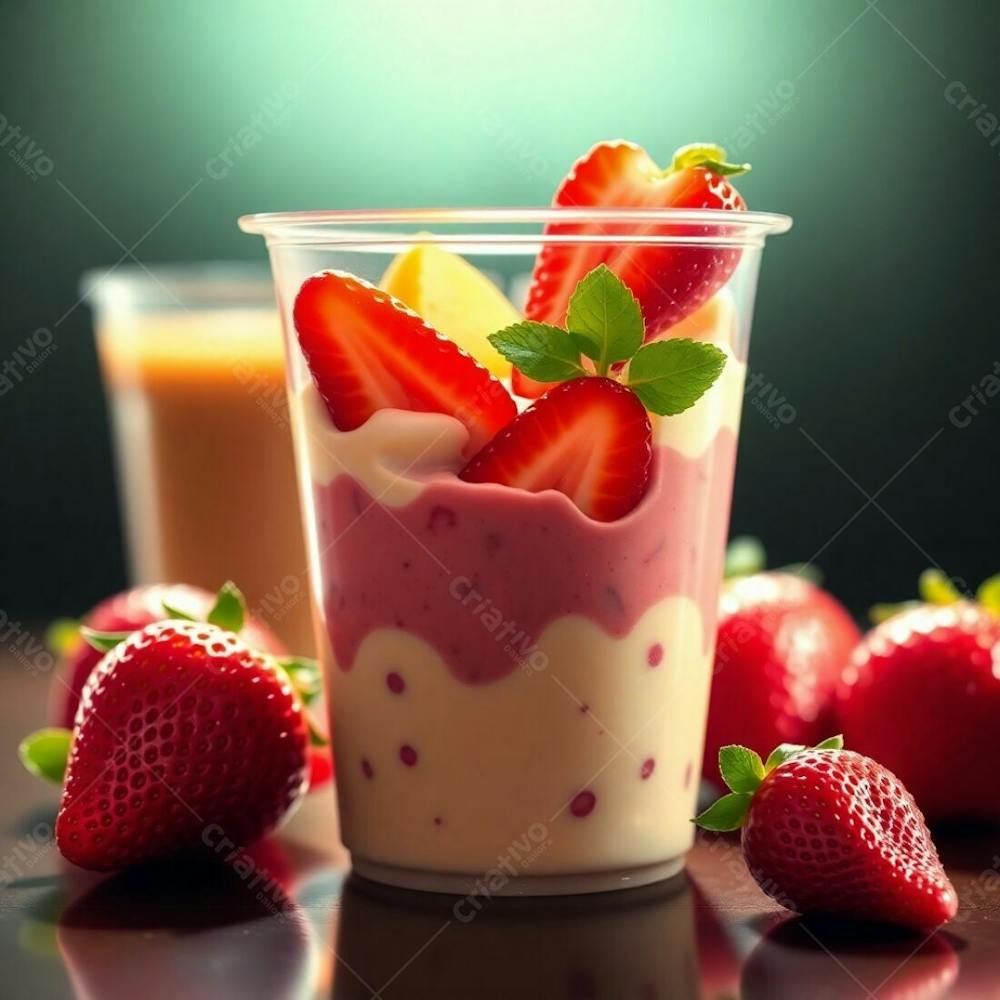 A Photorealistic Rendering Of A Plastic Cup Of Açai, Showcasing Condensed Milk, Strawberries, And Other Common Ingredients. Warm, Dramatic Lighting With High Contrast, Emphasizing The Vibrant Gr