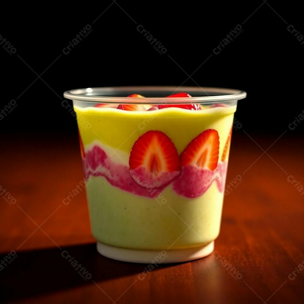 A Photorealistic Rendering Of A Plastic Cup Of Açai, Showcasing Condensed Milk, Strawberries, And Other Common Ingredients. Warm, Dramatic Lighting With High Contrast, Emphasizing The Vibrant Gre