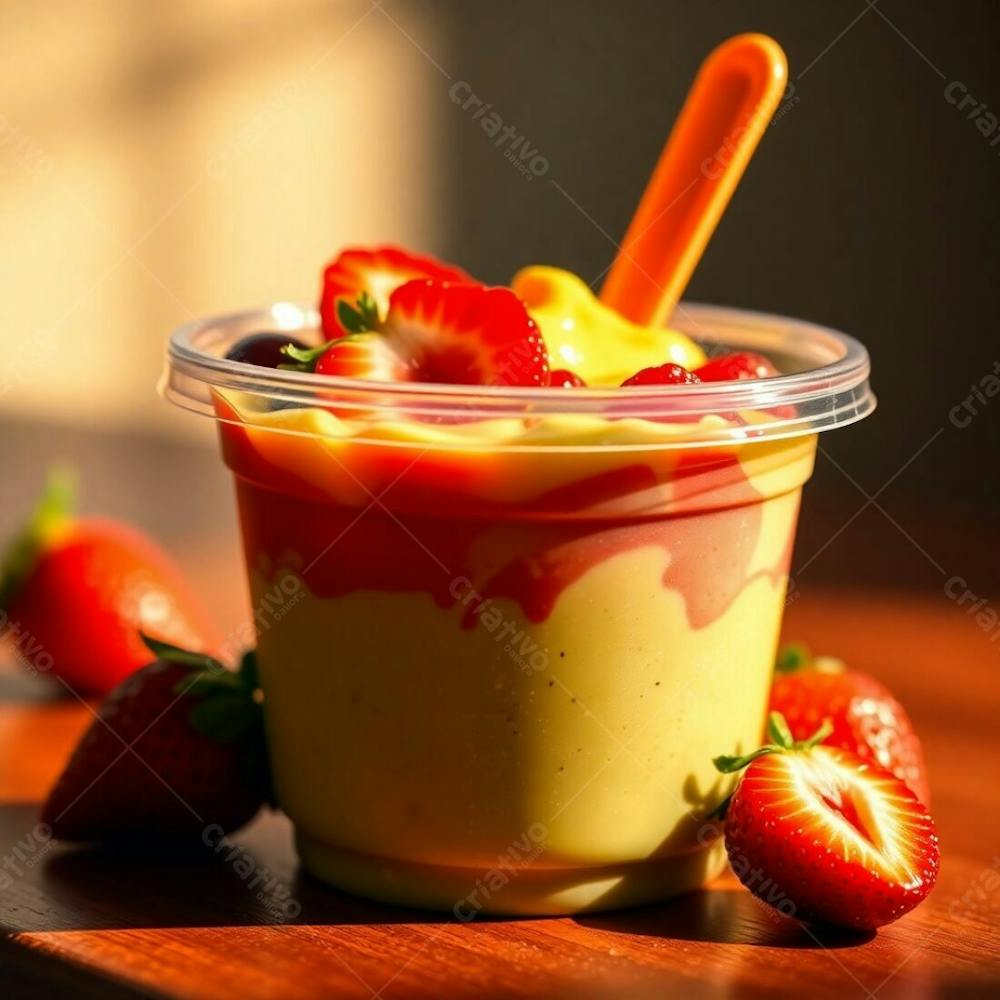 A Photorealistic Rendering Of A Plastic Cup Of Açai, Showcasing Condensed Milk, Strawberries, And Other Common Ingredients. Warm, Dramatic Lighting With High Contrast, Emphasizing The Vibrant Gre