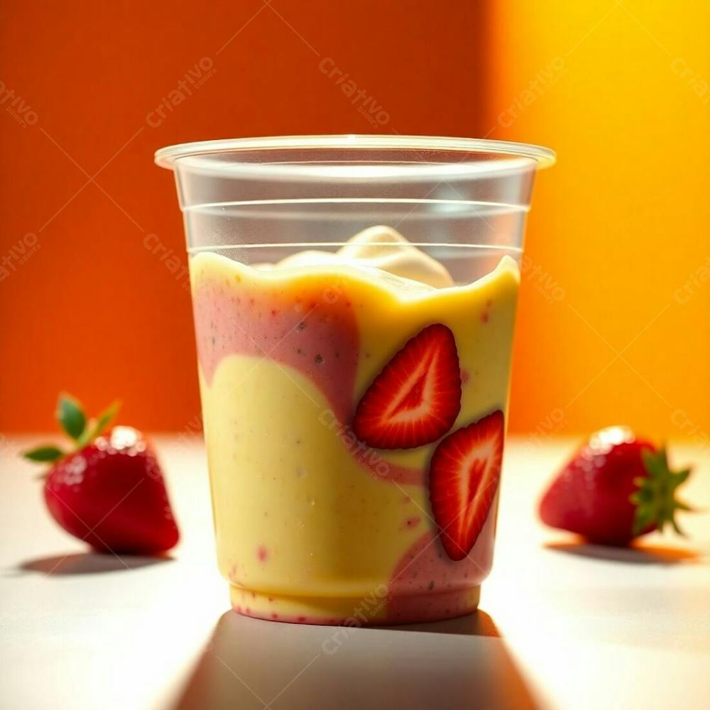 A Photorealistic Rendering Of A Plastic Cup Of Açai, Showcasing Condensed Milk, Strawberries, And Other Common Ingredients. Warm, Dramatic Lighting With High Contrast, Emphasizing The Vibrant Gre