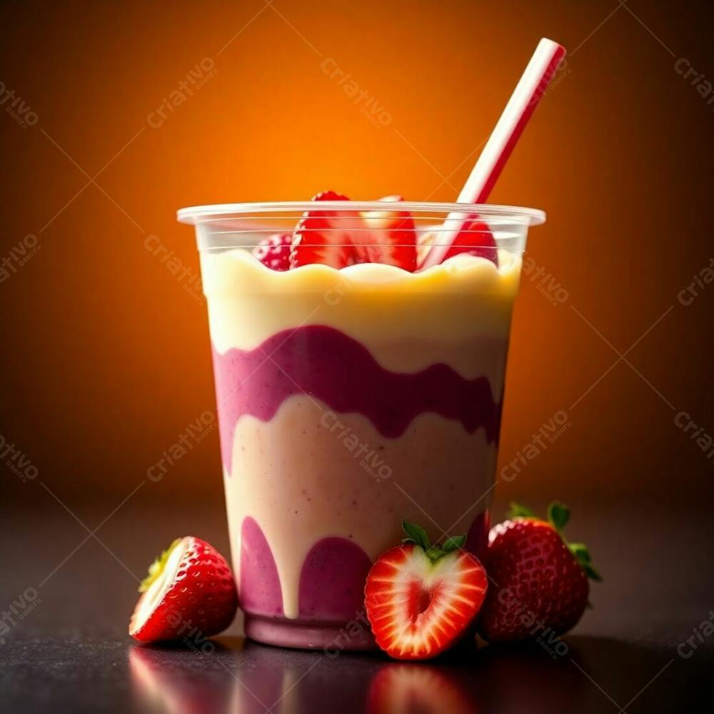 A Photorealistic Rendering Of A Plastic Cup Of Açai, Showcasing Condensed Milk, Strawberries, And Other Common Ingredients. Warm, Dramatic Lighting With High Contrast, Emphasizing The Vibrant Gre