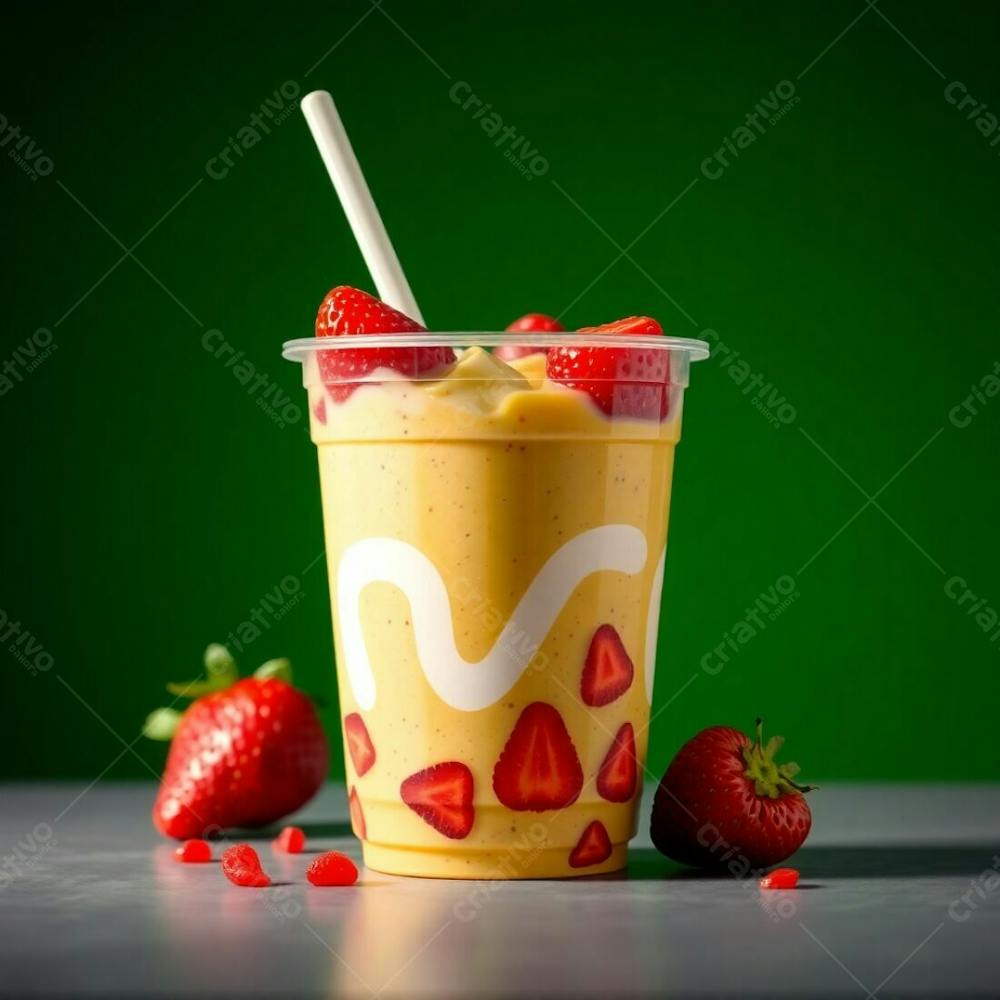 A Photorealistic Rendering Of A Plastic Cup Of Açai, Showcasing Condensed Milk, Strawberries, And Other Common Ingredients. Warm, Dramatic Lighting With High Contrast, Emphasizing The Vibrant Gre