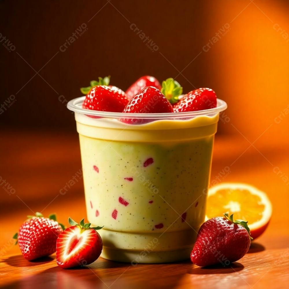 A Photorealistic Rendering Of A Plastic Cup Of Açai, Showcasing Condensed Milk, Strawberries, And Other Common Ingredients. Warm, Dramatic Lighting With High Contrast, Emphasizing The Vibrant Gre