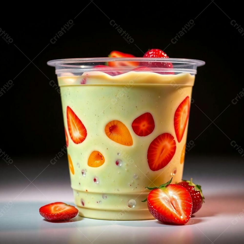 A Photorealistic Rendering Of A Plastic Cup Of Açai, Showcasing Condensed Milk, Strawberries, And Other Common Ingredients. Warm, Dramatic Lighting With High Contrast, Emphasizing The Vibrant Gre