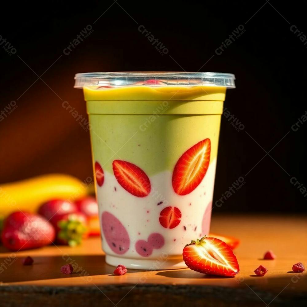 A Photorealistic Rendering Of A Plastic Cup Of Açai, Showcasing Condensed Milk, Strawberries, And Other Common Ingredients. Warm, Dramatic Lighting With High Contrast, Emphasizing The Vibrant Gre