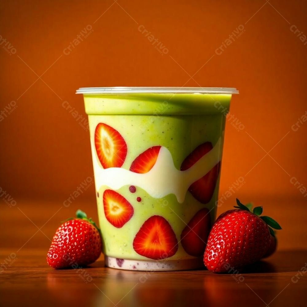 A Photorealistic Rendering Of A Plastic Cup Of Açai, Showcasing Condensed Milk, Strawberries, And Other Common Ingredients. Warm, Dramatic Lighting With High Contrast, Emphasizing The Vibrant Gre