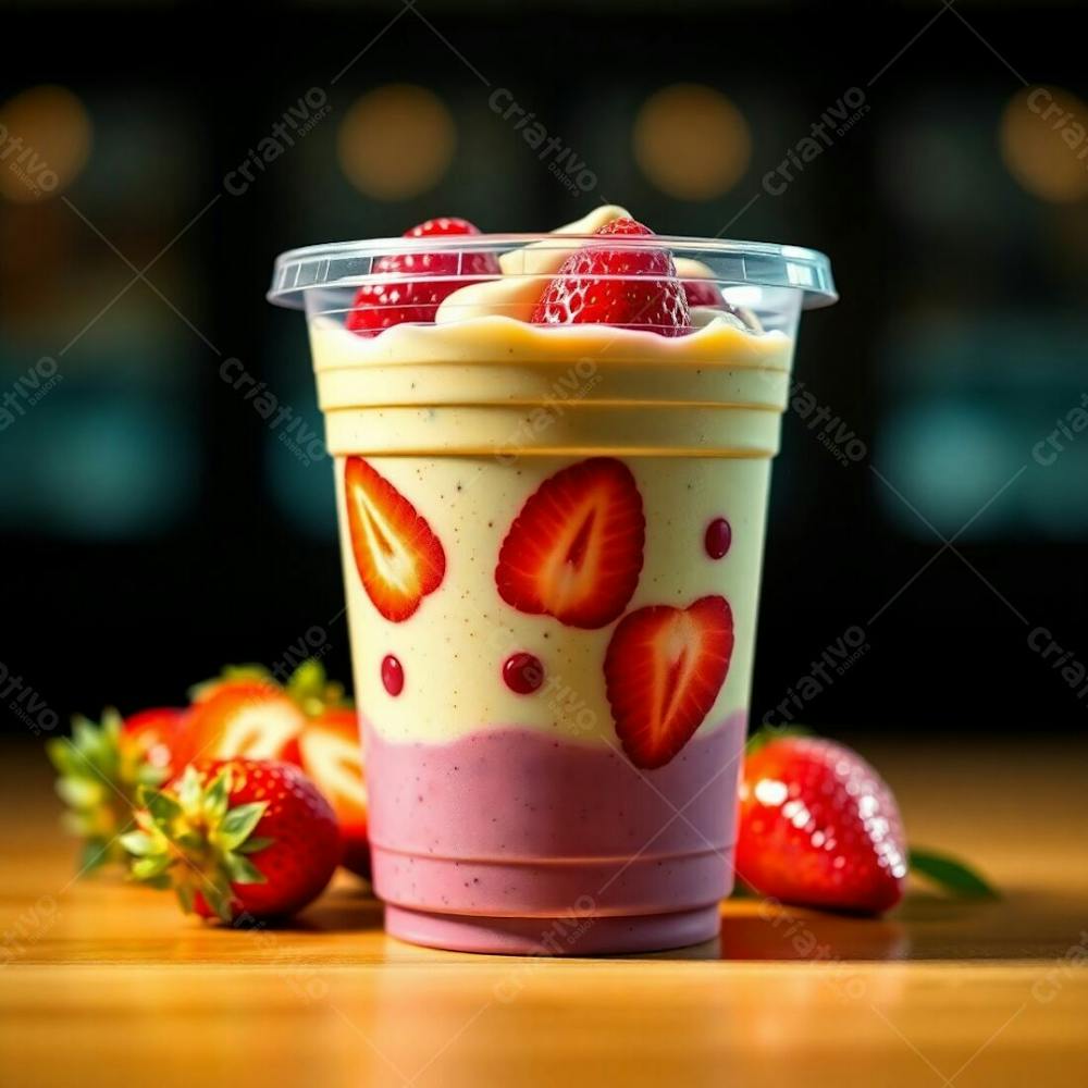 A Photorealistic Rendering Of A Plastic Cup Of Açai, Showcasing Condensed Milk, Strawberries, And Other Common Ingredients. Warm, Dramatic Lighting With High Contrast, Emphasizing The Vibrant Green,