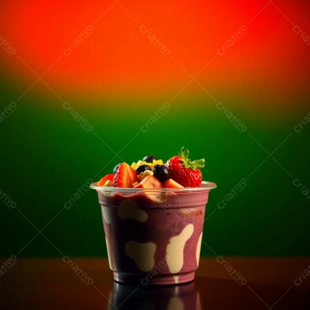 A Realistic Image Of An Açai Bowl In A Plastic Cup, Filled With Condensed Milk, Strawberries, And Other Typical Açai Bowl Toppings. Warm Lighting, High Contrast, Intense Dramatic Lighting, Green, Red