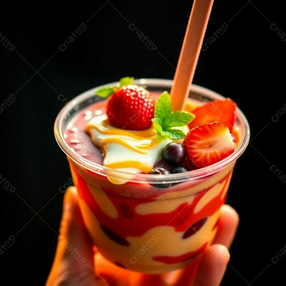 A Realistic Image Of An Açai Bowl In A Plastic Cup, With Condensed Milk, Strawberries And Other Toppings. Warm, Dramatic Lighting, High Contrast, And A Color Palette Of Greens, Reds, Oranges And Yell