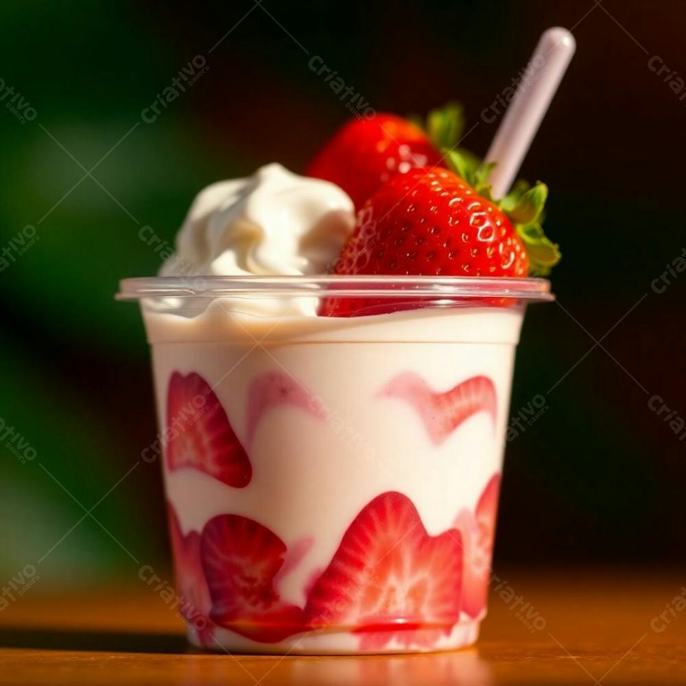 Close Up, Realistic Image Of A Plastic Cup Filled With Açai, Condensed Milk, And Strawberries. Intense, Warm, Dramatic Lighting Creates High Contrast Against A Background Of Green, Red, Orange And Ye