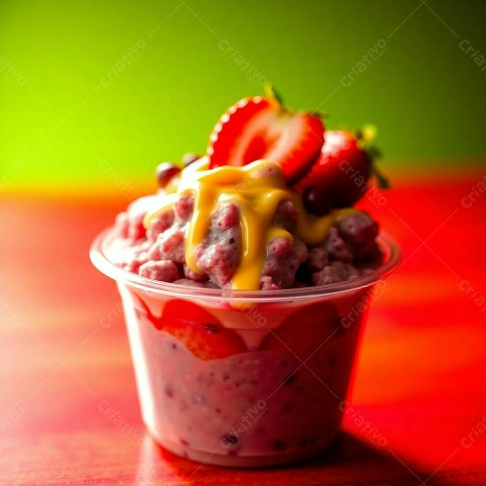 Close Up, Realistic Image Of An Açai Bowl In A Plastic Cup, Detailed Textures Of The Toppings, Condensed Milk, Strawberries. Warm, Dramatic Lighting, High Contrast, Creating Visual Tension With A Gre