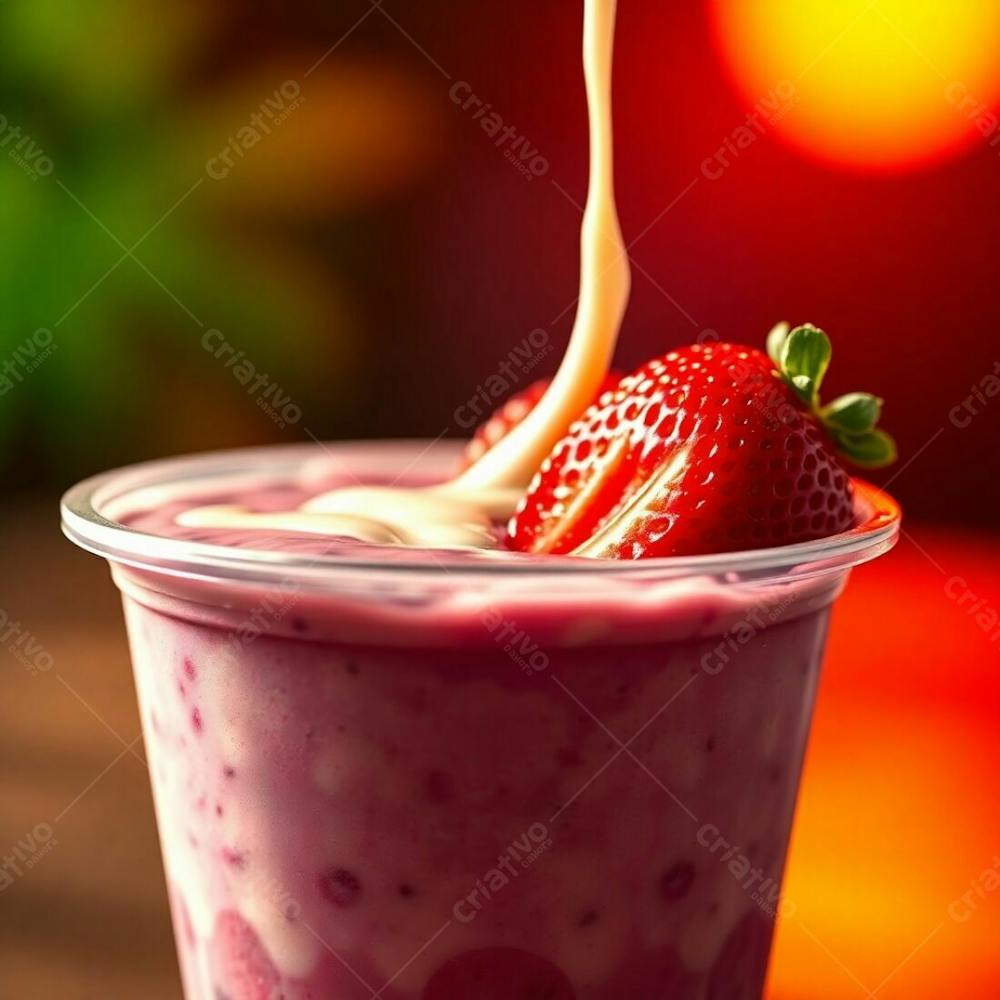 Photorealistic Rendering Of An Açai Bowl In A Plastic Cup, Detailed Texture Of The Açai, Strawberries, And Condensed Milk. Intense Warm Dramatic Lighting, High Contrast, Background Of Green, Red, Ora