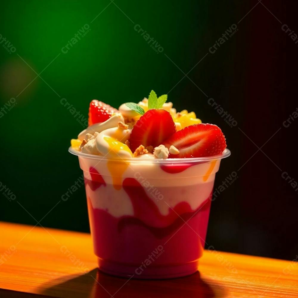 Realistic Depiction Of An Açai Bowl In A Plastic Cup, Overflowing With Condensed Milk, Strawberries, And Various Toppings. Intense Dramatic Warm Lighting, High Contrast, With A Background Featuring G