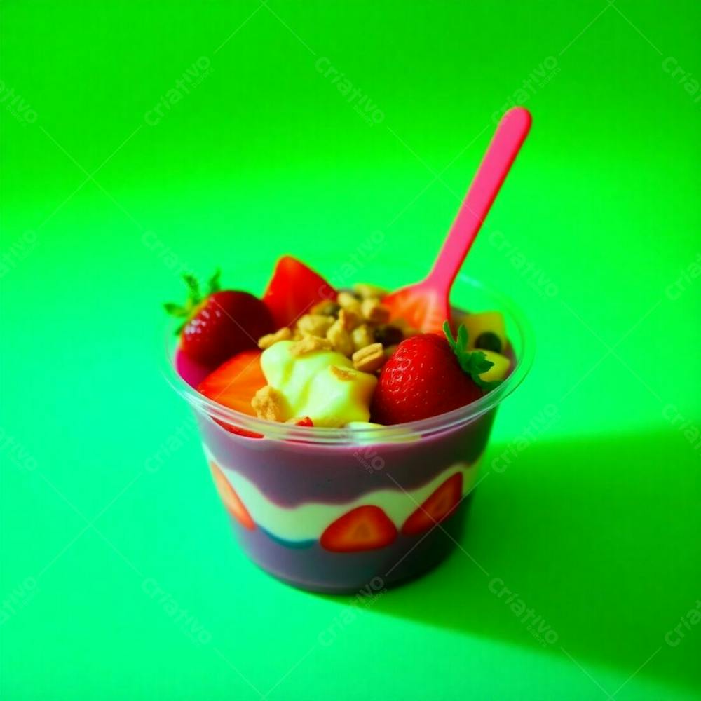 Realistic Image Of A Plastic Acai Bowl Filled With Condensed Milk, Strawberries, And Other Typical Acai Bowl Toppings, Set Against A Green Background. Vibrant Complementary Colors, Glowing Biolumines