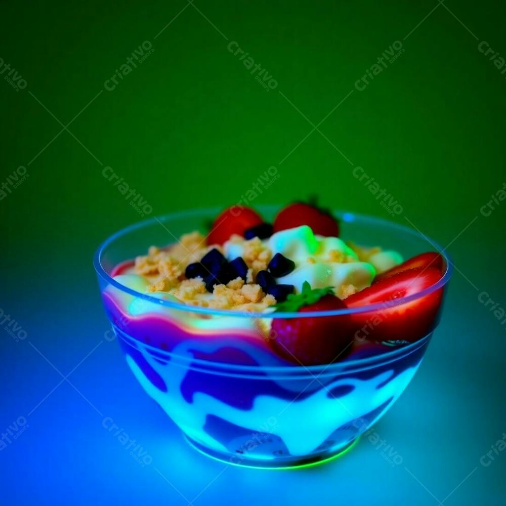 Realistic Image Of A Plastic Acai Bowl Filled With Condensed Milk, Strawberries, And Other Typical Acai Bowl Toppings, Set Against A Green Background. Bright Vibrant Colors, Glowing Bioluminescent Col