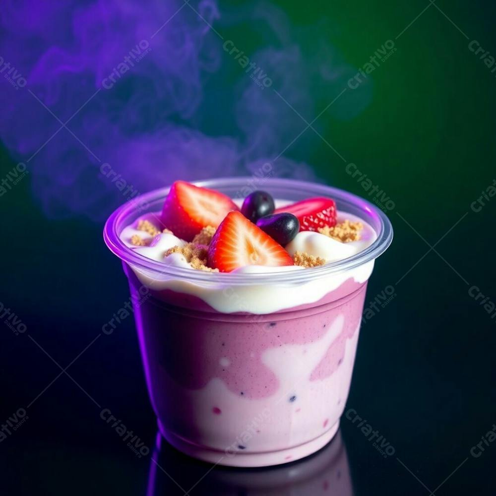 Realistic Image Of A Plastic Acai Bowl Filled With Condensed Milk, Strawberries, And Other Typical Acai Bowl Toppings, Set Against A Green Background. Deep Ultraviolet Hues, Volumetric Lighting, Visib