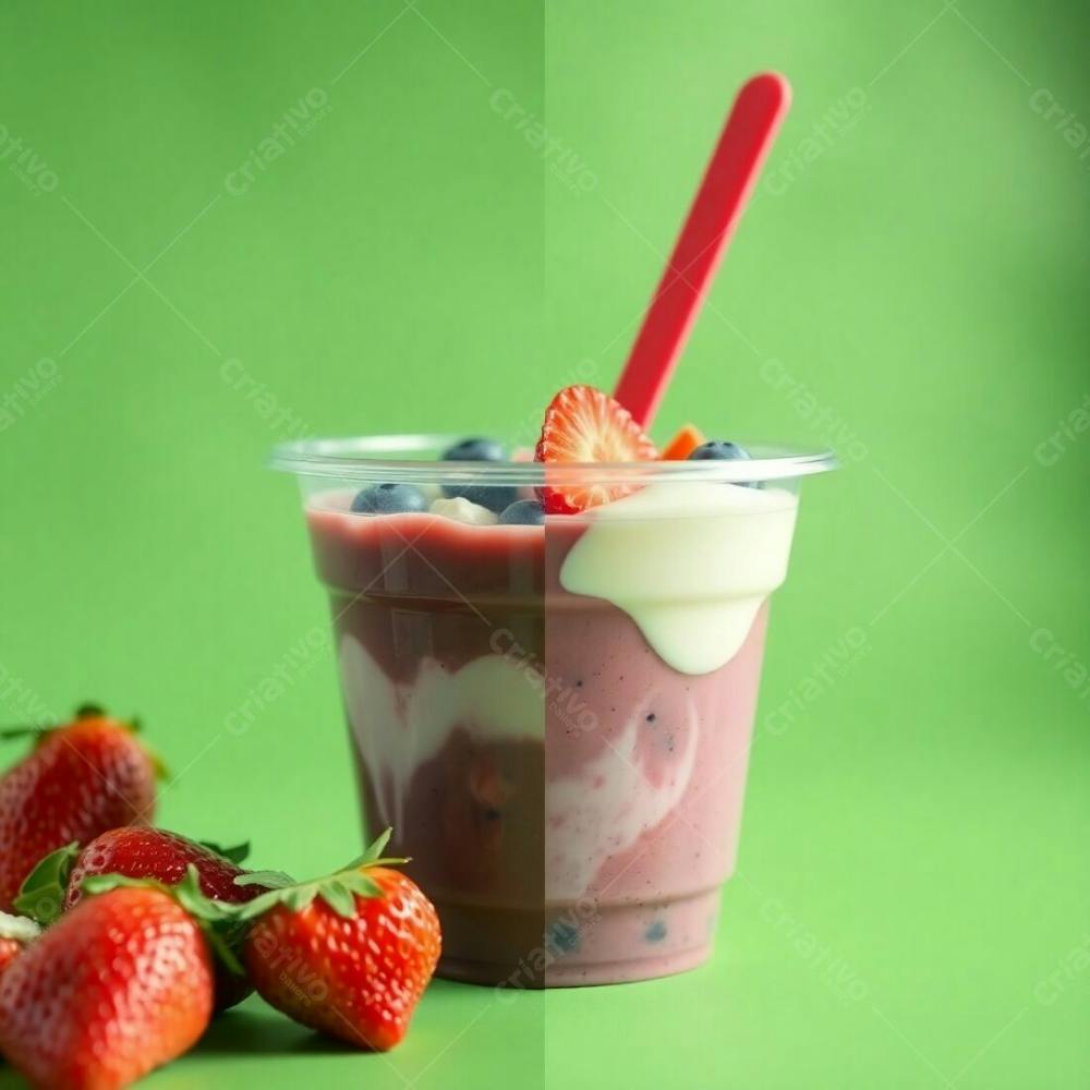 Realistic Image Of A Plastic Acai Bowl Filled With Condensed Milk, Strawberries, And Other Typical Acai Bowl Toppings, Set Against A Green Background. Distinct Split Composition, Soft Cinematic Haze,