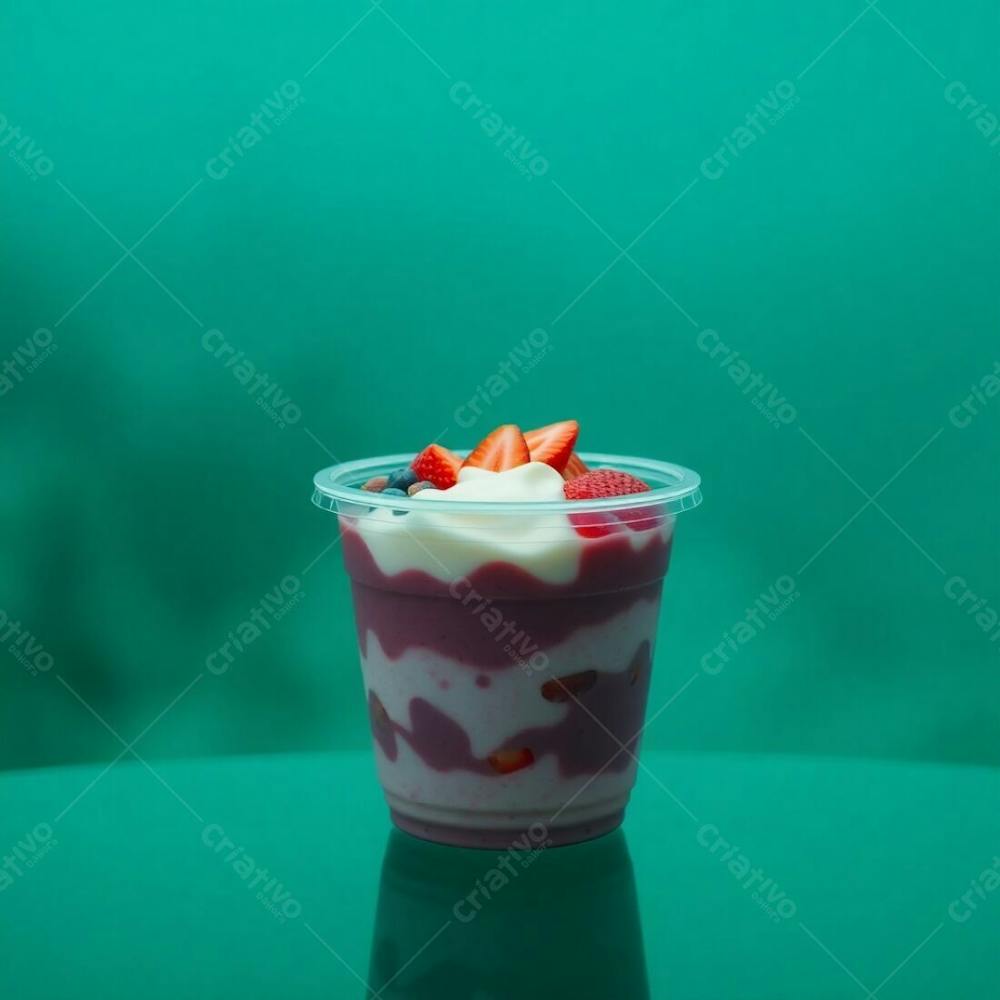 Realistic Image Of A Plastic Acai Bowl Filled With Condensed Milk, Strawberries, And Other Typical Acai Bowl Toppings, Set Against A Green Background. Rich Deep Teal, Thick Foggy Surroundings, Low Vis