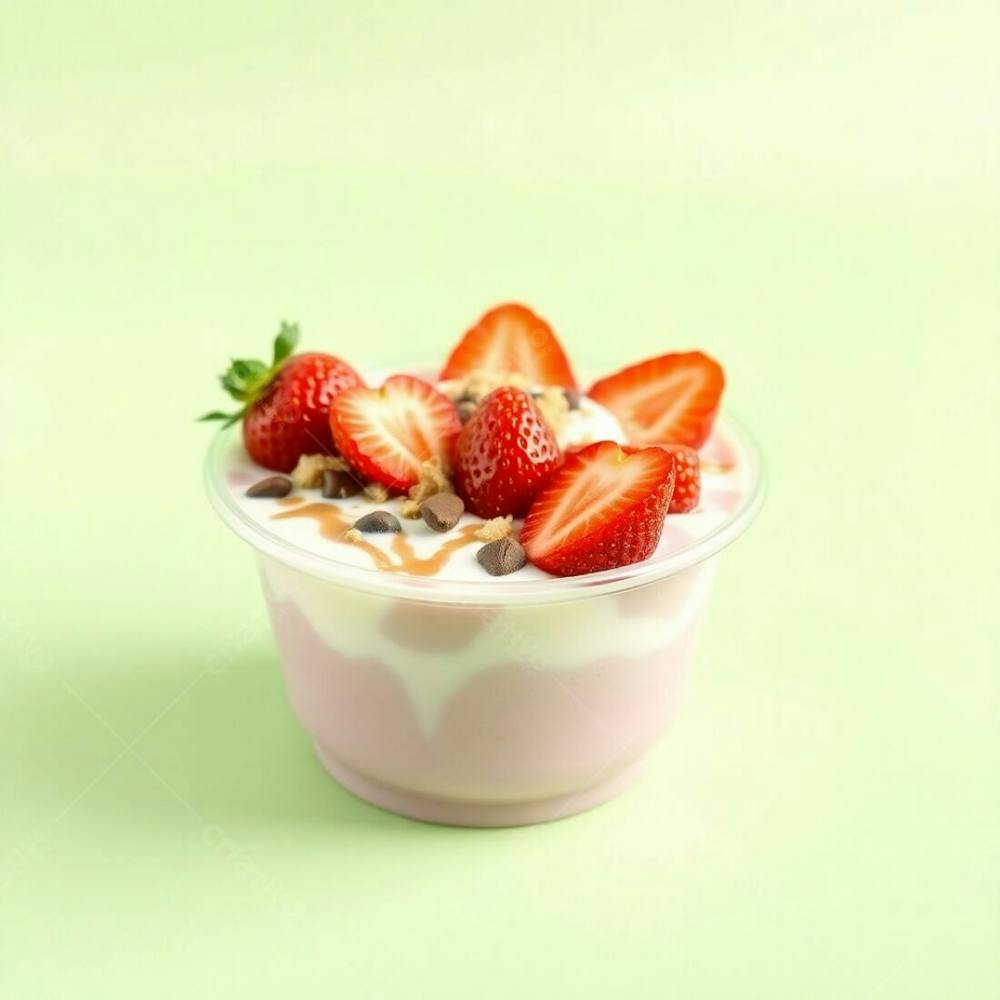 Realistic Image Of A Plastic Acai Bowl Filled With Condensed Milk, Strawberries, And Other Typical Acai Bowl Toppings, Set Against A Green Background. Soft Pastel Colors, Gentle And Soothing