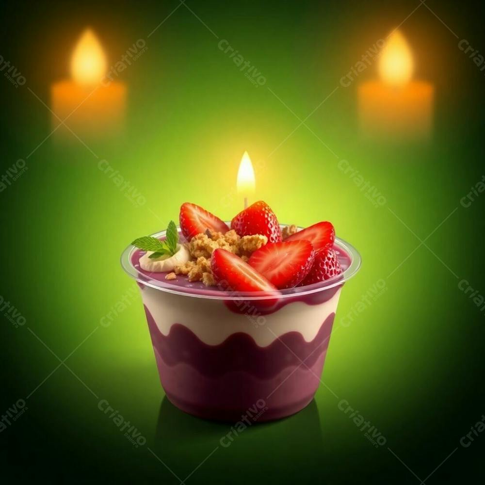 Realistic Image Of A Plastic Acai Bowl Filled With Condensed Milk, Strawberries, And Other Typical Acai Bowl Toppings, Set Against A Green Background. Warm Candlelight, Smooth Gradient Transitions, Se