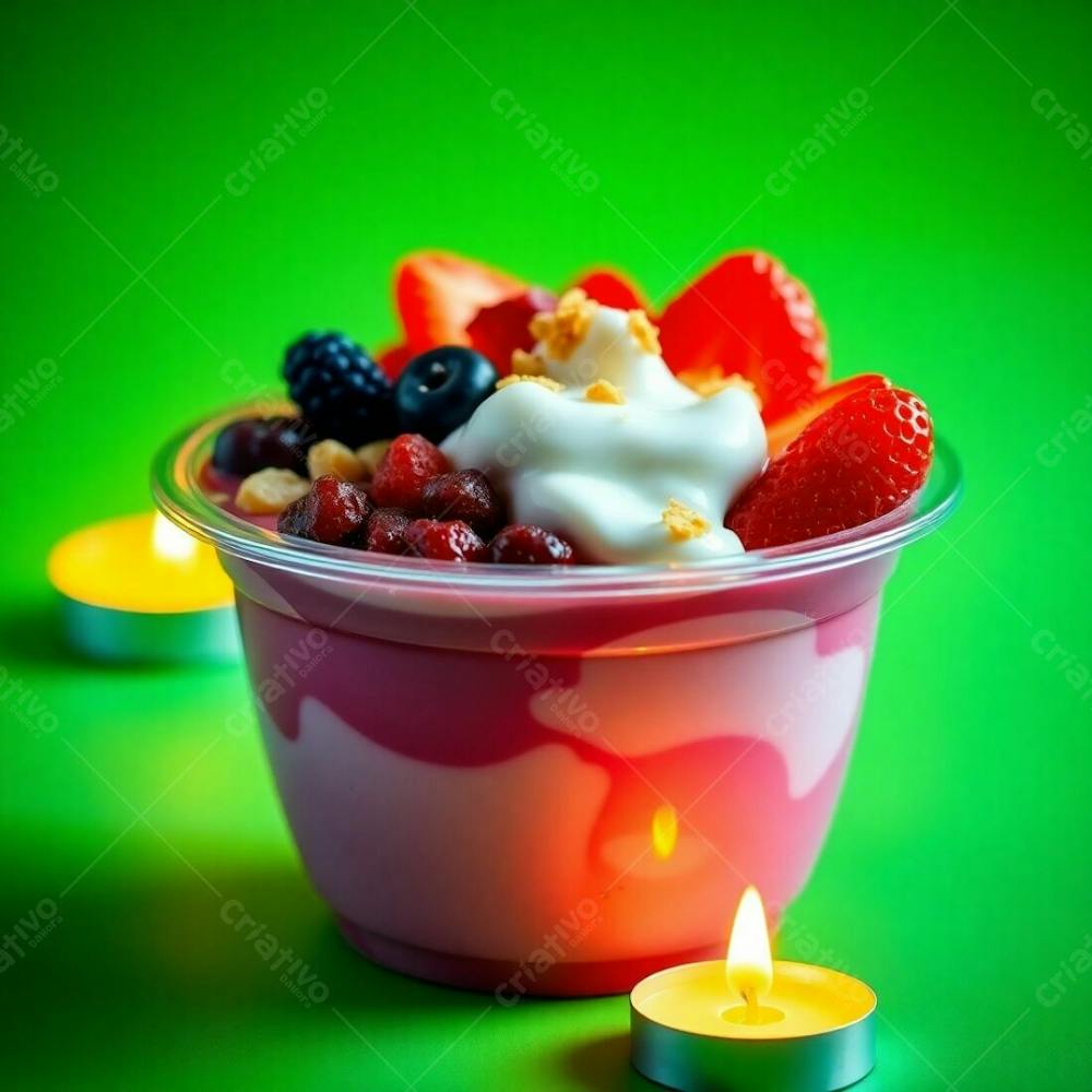 Realistic Image Of A Plastic Acai Bowl Filled With Condensed Milk, Strawberries, And Other Typical Acai Bowl Toppings, Set Against A Green Background. Warm Candlelight, Vibrant Complementary Colors, C