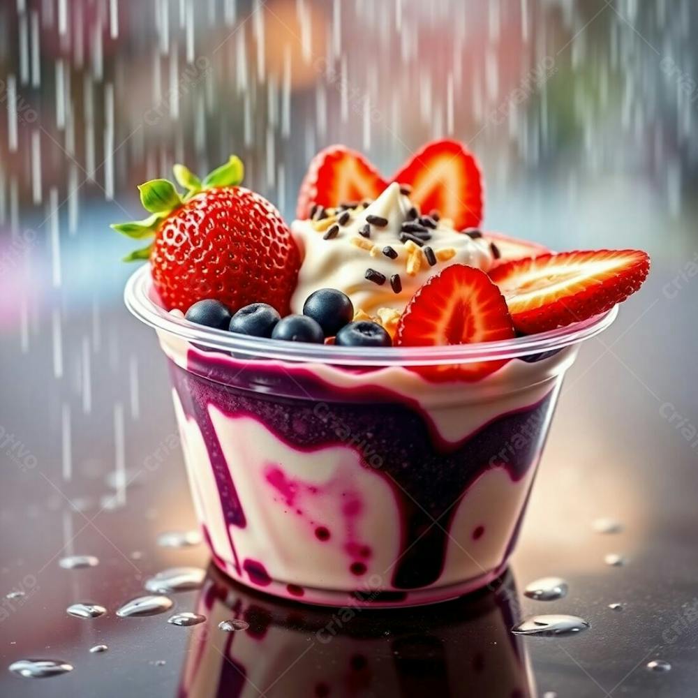 Realistic Image Of A Plastic Acai Bowl Filled With Condensed Milk, Strawberries, And Other Typical Acai Bowl Toppings. Bright, Vibrant Colors. Drizzling Rain, Reflective Surfaces. Lively And Energetic