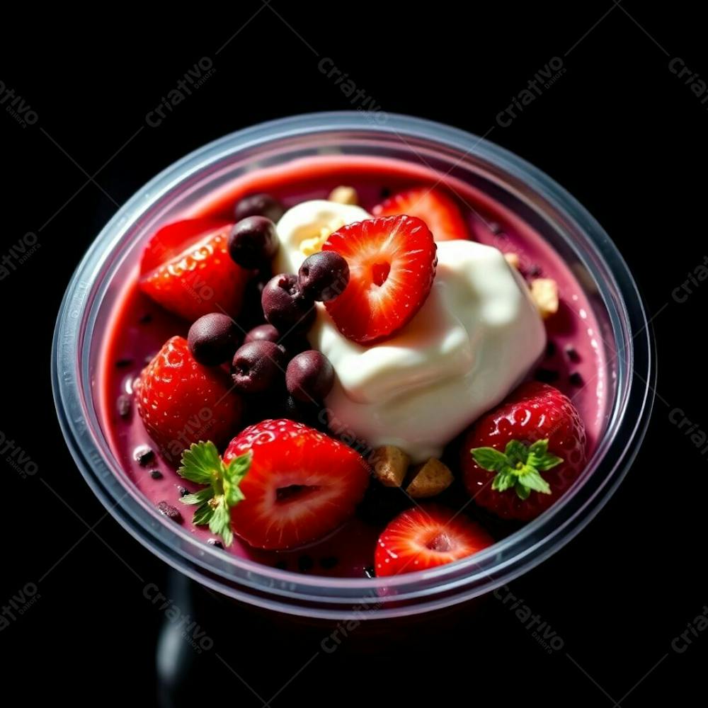 Realistic Image Of A Plastic Acai Bowl Filled With Condensed Milk, Strawberries, And Other Typical Acai Bowl Toppings. Bright, Vibrant Colors. High Contrast, Intense Dramatic Lighting. Creates Tension