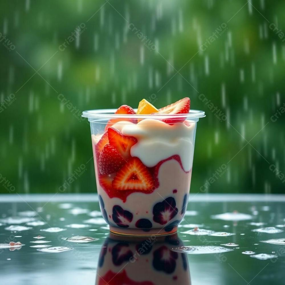 Realistic Image Of A Plastic Acai Bowl Filled With Condensed Milk, Strawberries, And Other Typical Acai Bowl Toppings. Green Background, Drizzling Rain, Reflective Surfaces. Reds, Oranges, And Yellows