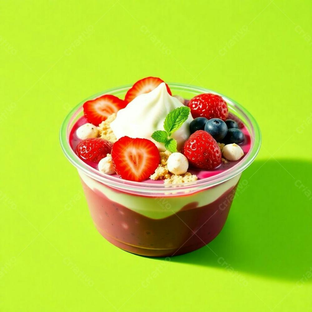 Realistic Image Of A Plastic Acai Bowl Filled With Condensed Milk, Strawberries, And Other Typical Acai Bowl Toppings. Green Background. Bright Vibrant Colors, Strong Hard Light, Direct Harsh Shadows,