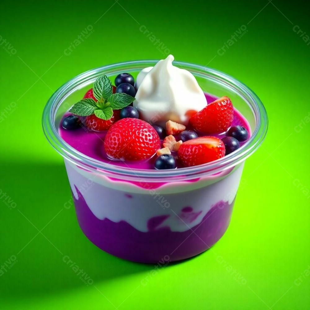 Realistic Image Of A Plastic Acai Bowl Filled With Condensed Milk, Strawberries, And Other Typical Acai Bowl Toppings. Green Background. Deep Ultraviolet Hues, Strong Hard Light, Direct Harsh Shadows,