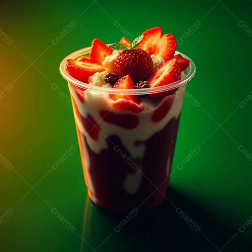 Realistic Image Of A Plastic Acai Bowl Filled With Condensed Milk, Strawberries, And Other Typical Acai Bowl Toppings. Green Background. Intense Dramatic Lighting, Warm Reds, Oranges, Yellows, High Co