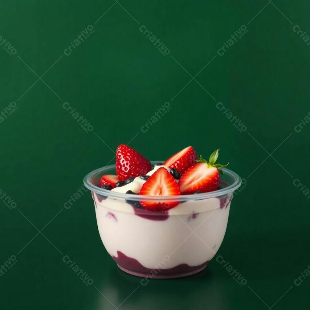 Realistic Image Of A Plastic Acai Bowl Filled With Condensed Milk, Strawberries, And Other Typical Acai Bowl Toppings. Green Background. Intense Jet Black, Pure Black, Deep Shadows, Soft Focus, Hazy B