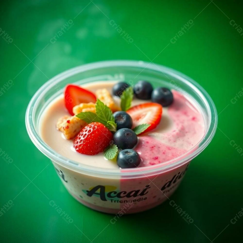 Realistic Image Of A Plastic Acai Bowl Filled With Condensed Milk, Strawberries, And Other Typical Acai Bowl Toppings. Green Background. Soft Cinematic Haze, Distinct Split, Divided Sections, Bold Are