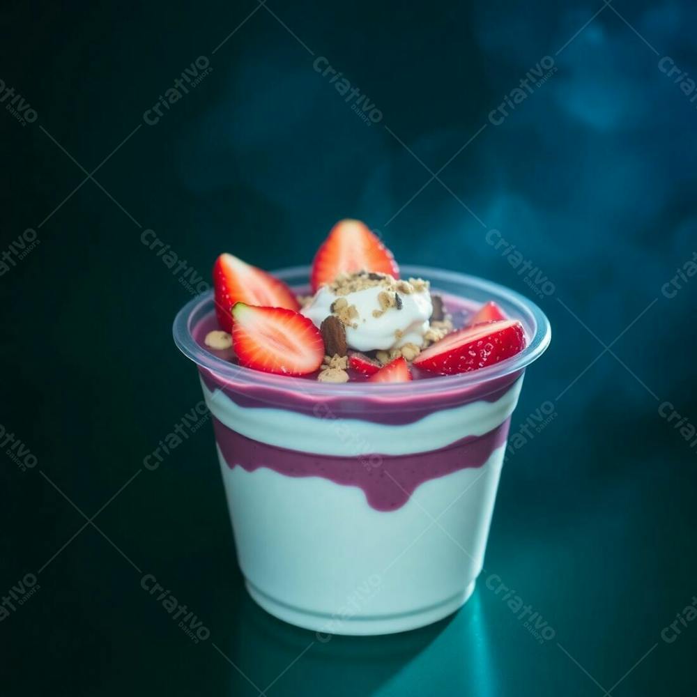 Realistic Image Of A Plastic Acai Bowl Filled With Condensed Milk, Strawberries, And Other Typical Acai Bowl Toppings. Green Background. Volumetric Lighting, Rich Burgundy And Deep Blue, Sophisticated