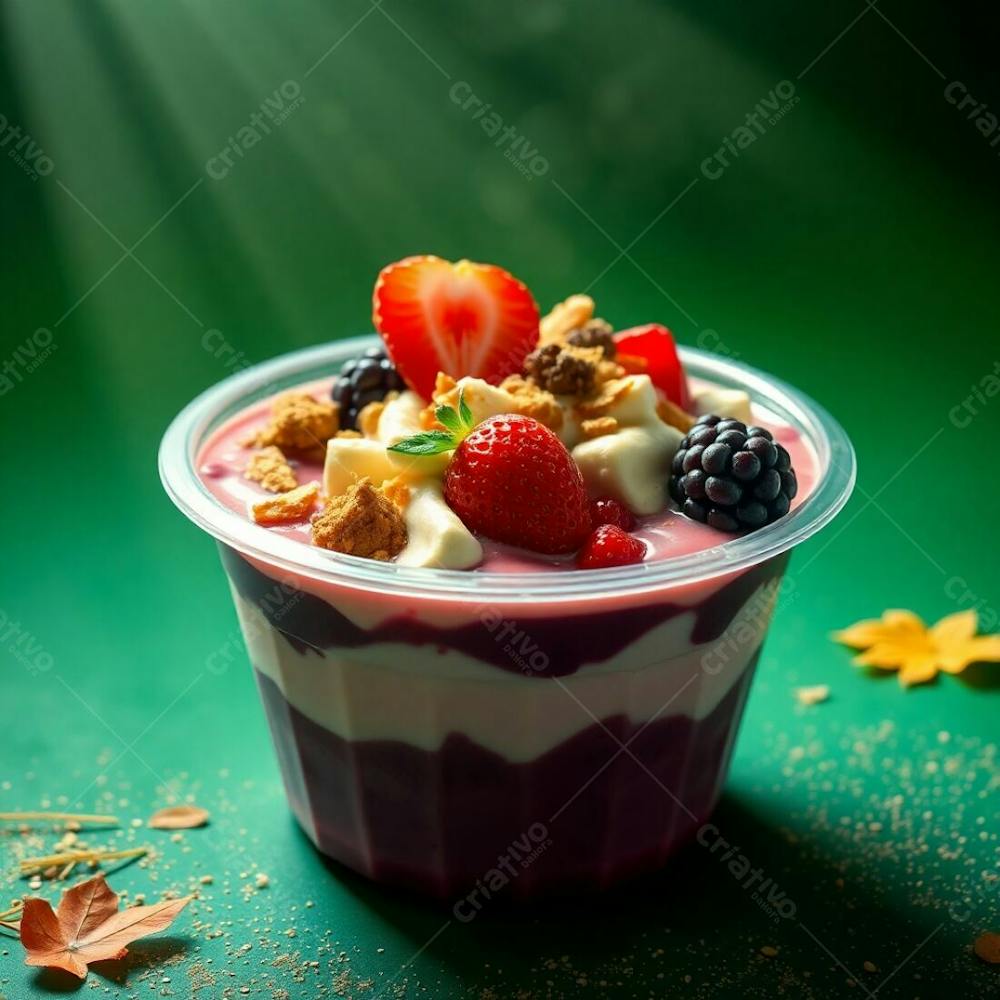 Realistic Image Of A Plastic Acai Bowl Filled With Condensed Milk, Strawberries, And Other Typical Acai Bowl Toppings. Green Background. Volumetric Lighting, Warm Autumn Colors, Earthy And Cozy, Visib