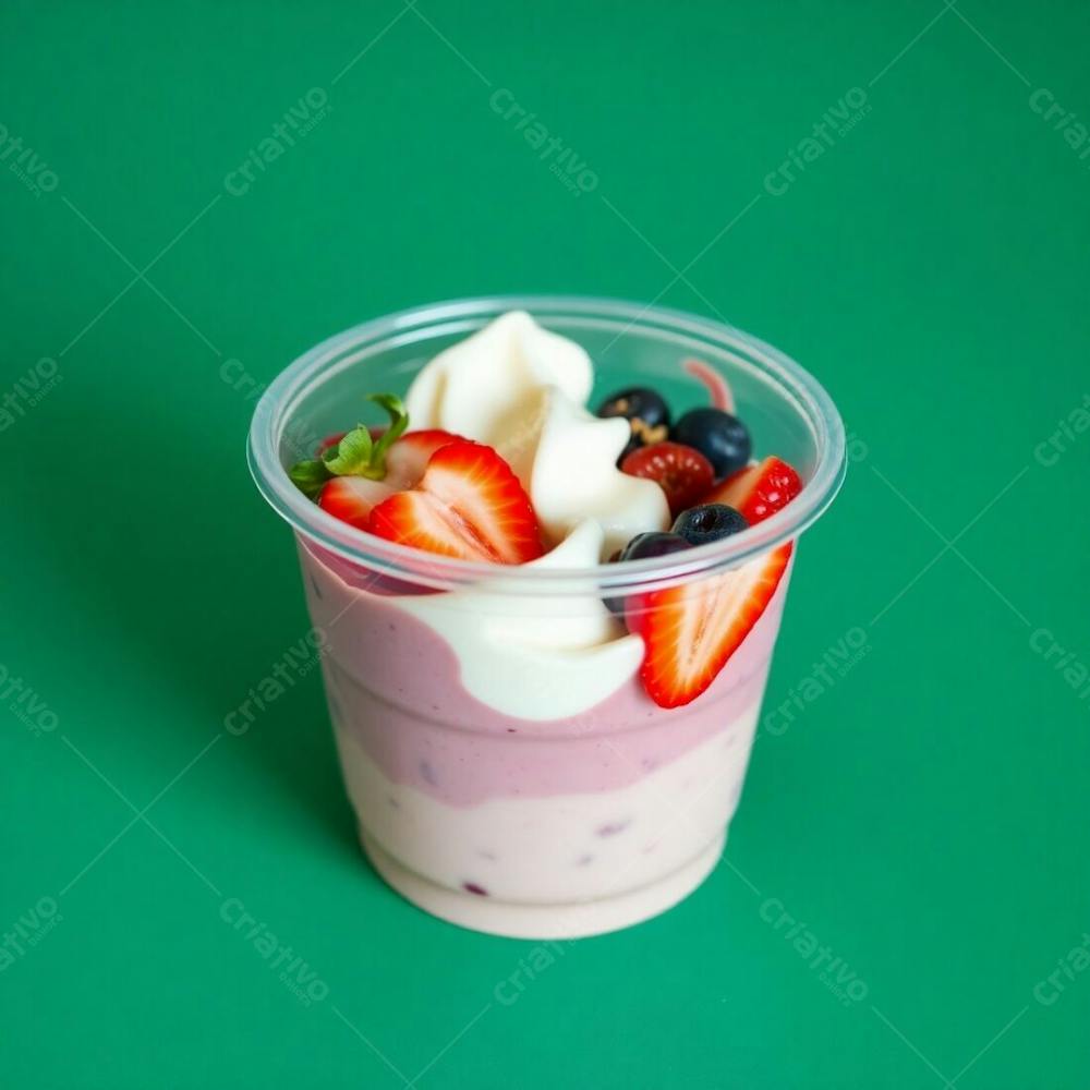 Realistic Image Of A Plastic Acai Bowl Filled With Condensed Milk, Strawberries, And Other Typical Acai Bowl Toppings. Green Background. Warm Terracotta And Cool Teal, Warm Golden Hour Light, Soft Lig