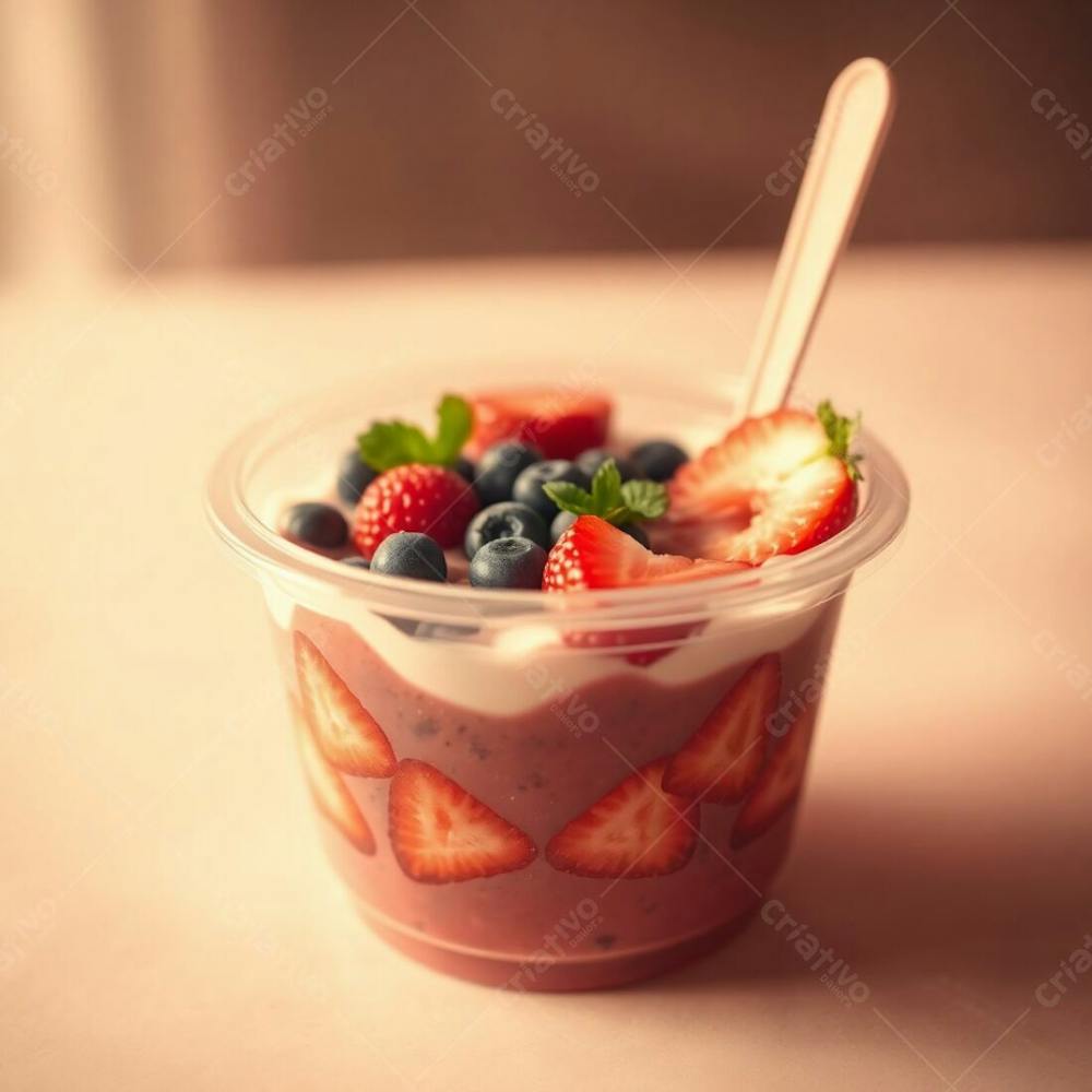 Realistic Image Of A Plastic Acai Bowl Filled With Condensed Milk, Strawberries, And Other Typical Acai Bowl Toppings. Infrared Spectrum, Surreal, Otherworldly Appearance. Soft Focus, Hazy Background.