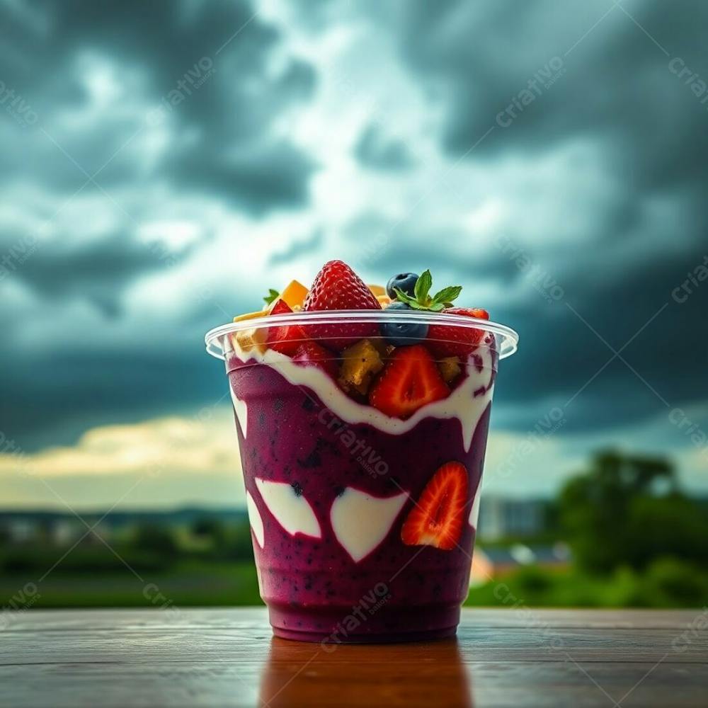 Realistic Image Of A Plastic Acai Bowl Filled With Condensed Milk, Strawberries, And Other Typical Acai Bowl Toppings. Intense Dramatic Weather, Contrasting Colors, Balanced Tones. Stormy Skies, High