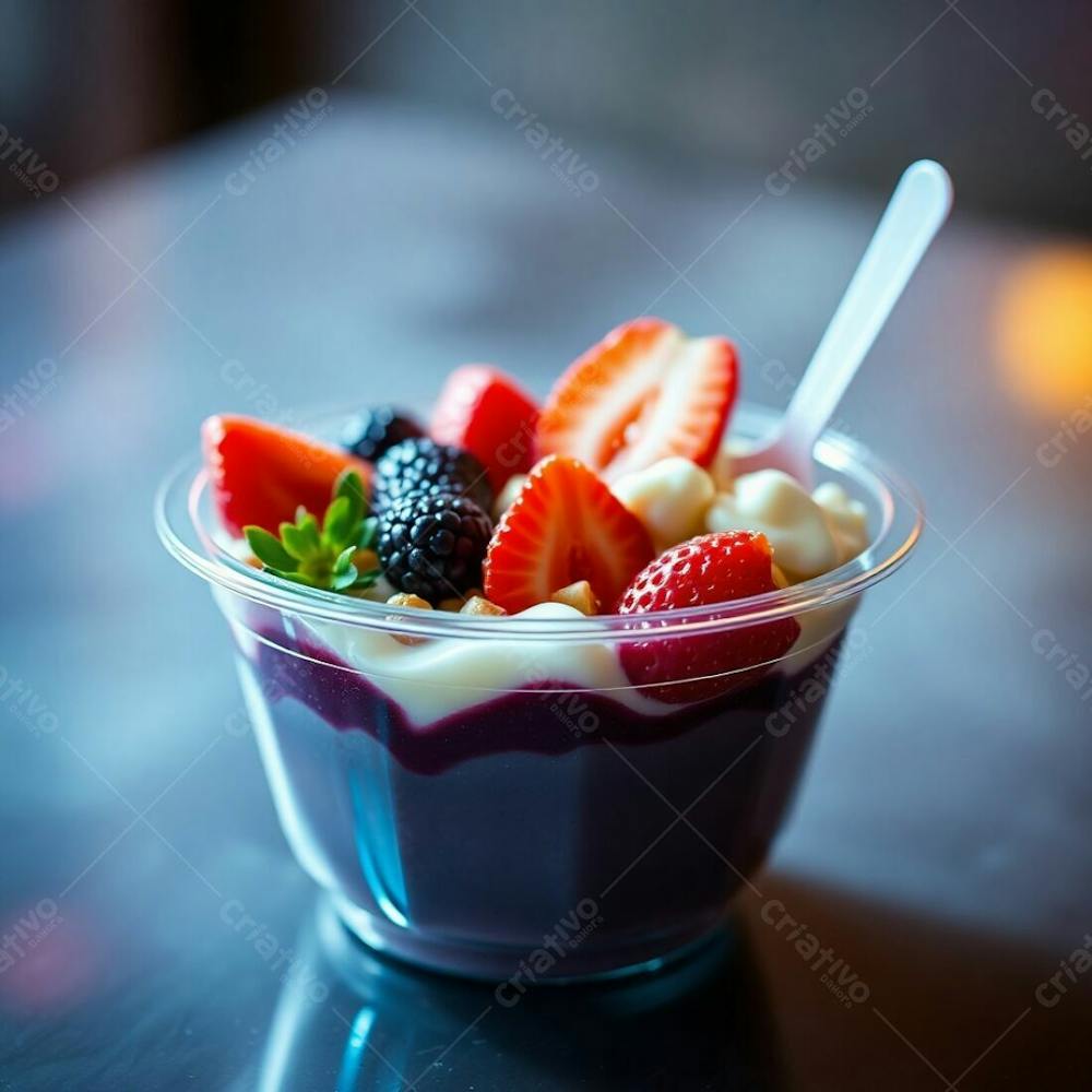 Realistic Image Of A Plastic Acai Bowl Filled With Condensed Milk, Strawberries, And Other Typical Acai Bowl Toppings. Iridescent Reflections, Soft Focus, Hazy Background. Iridescent Colors, Soft Cine